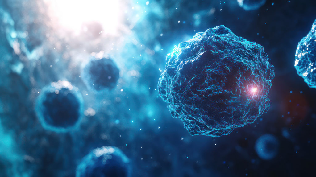 Abstract render of glowing blue cells in microscopic view