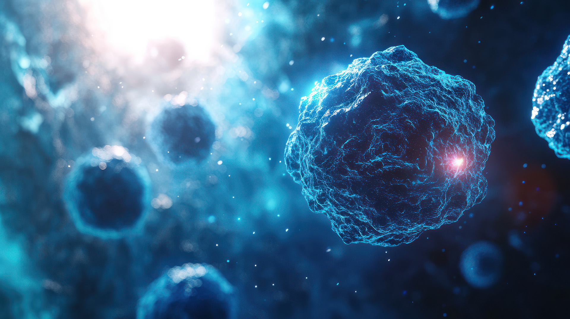 Abstract render of glowing blue cells in microscopic view
